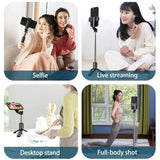 Selfie stick Techsuit Mini (Q10), Stable Gimbal/Tripod cu Bluetooth Telecomanda, Fill Light, 360 Rotation, 68cm, negru