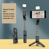 Selfie stick Techsuit Mini (Q10s), Stable Tripod cu Bluetooth Telecomanda, Fill Light, 360 Rotation, 70cm, negru