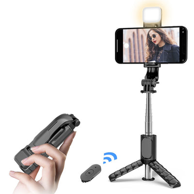 Selfie stick Techsuit Mini (Q11s), Stable Tripod cu Bluetooth Telecomanda si Fill Light, 360 Rotation, 76cm, negru