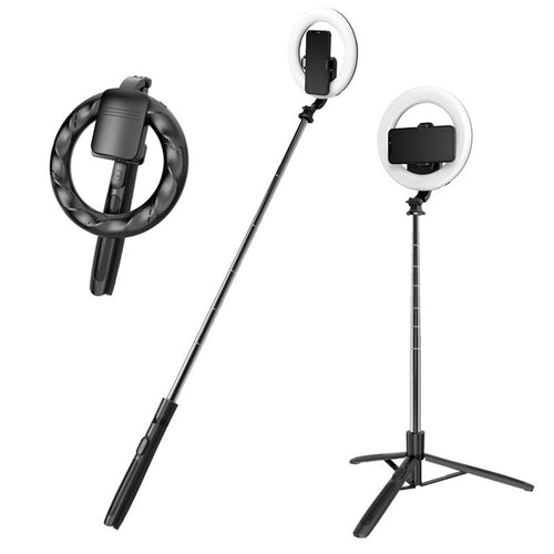 Selfie stick Techsuit (Q05s), Stable Tripod cu Bluetooth Telecomanda si Ring Light, Stainless Steel, 170cm, negru