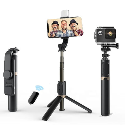 Selfie stick Techsuit (Q03s), Stable Tripod cu Bluetooth Telecomanda si Fill Light, Aluminium Alloy, 76cm, negru