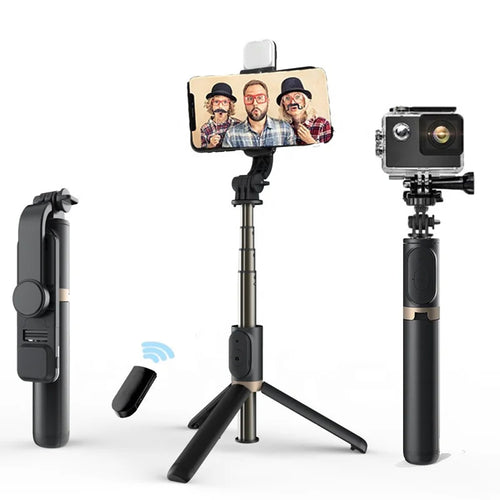 Selfie stick Techsuit (Q03s), Stable Tripod cu Bluetooth Telecomanda si Fill Light, Aluminium Alloy, 76cm, negru