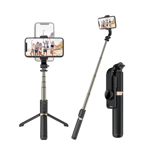Selfie stick Techsuit (Q03), Stable Tripod cu Bluetooth Telecomanda, Aluminium Alloy, 360 Rotation, 74cm, negru