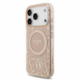 Husa spate Guess pentru Apple iPhone 18 Pro Max, MagSafe, cu curea de mana, model floral, Roz