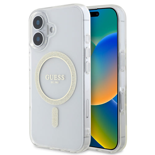 Husa cu inel Guess compatibila cu iPhone 16 Plus, MagSafe/Magnetic, policarbonat, silicon, Transparent