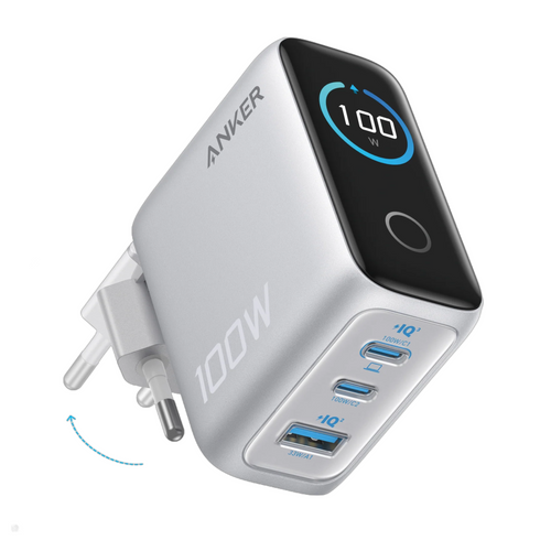 Incarcator retea Anker 100W, 2x USB-C, 1x USB-A, Smart-Display, Argintiu