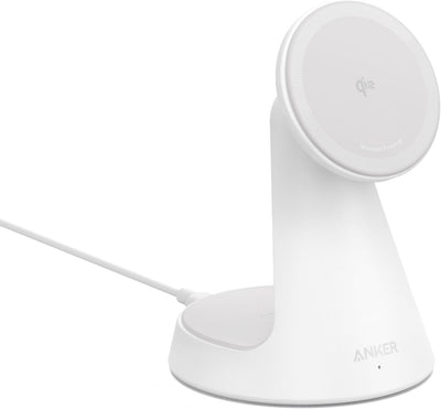Incarcator wireless Anker MagGo Stand Qi2 360 15W, pentru iPhone 16/15/14/13/12, Alb