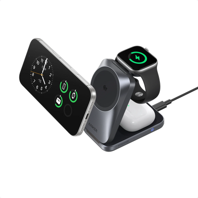 Încărcător Wireless pentru Apple, Anker Prime 3-in-1, MagGo AirCool Qi 2.2, 25W, Pliabil, Negru