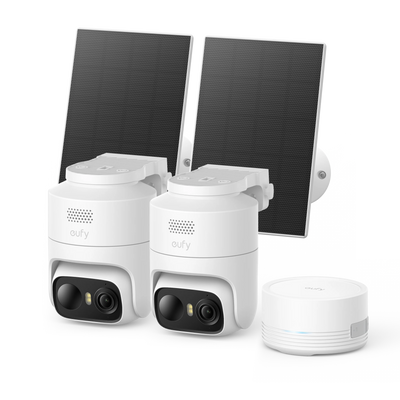 Cameră de supraveghere eufy C37 HomeBase Mini, Kit cu 2 camere 2K Smart Pan & Tilt cu panou solar, Albă