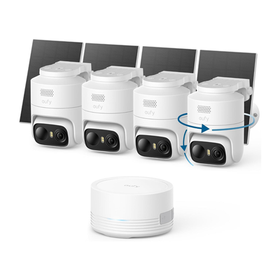 Cameră de supraveghere eufy C37 HomeBase Mini Kit cu 4 camere 2K Pan & Tilt și panou solar, Albă