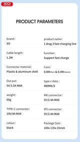 Cablu de date XO USB-C la Lightning la Micro-USB la USB-A, 1.2 m