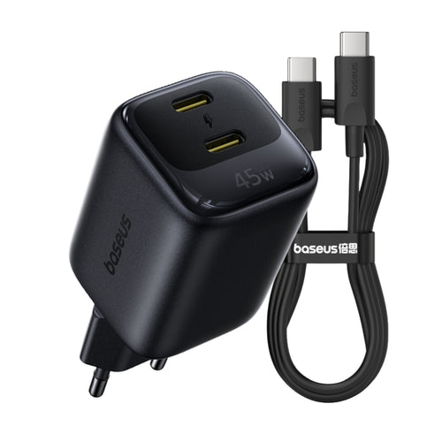 Incarcator Baseus EnerFill FE22 GaN6 45W, 2 x USB-C cu Cablu Type-C la Type-C inclus, Negru