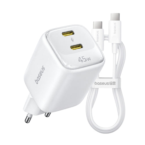 Incarcator Baseus GaN6 45W EnerFill FE22, 2 x USB-C, Cablu Type-C inclus, Alb