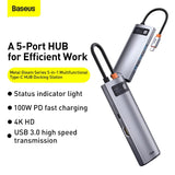Hub Baseus Gleam 5-in-1, USB-C la 3x USB 3.0, USB-C PD 100W, HDMI