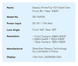 Camera Auto DVR Baseus PrimeTrip VD1 Dual, 3K+1080P, GPS, Wi-Fi, Negru
