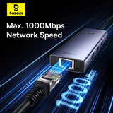 Hub Baseus UltraJoy 4-in-1, USB-A la 3x USB 3.0, USB-C, RJ45