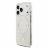 Husa telefon pentru Apple iPhone 18 Pro, Guess IML Flowers Allover MagSafe cu curea de mana, Alba