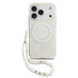Husa telefon pentru Apple iPhone 18 Pro, Guess IML Flowers Allover MagSafe cu curea de mana, Alba
