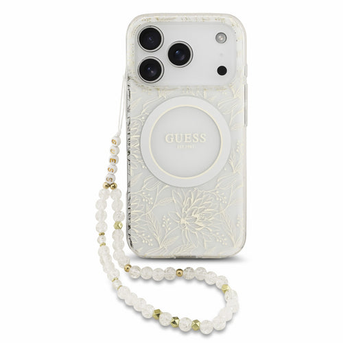 Husa spate Guess pentru Apple iPhone 18 Pro Max, MagSafe, Flowers Allover, Curea de mana, Alba