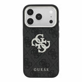 Husa spate Guess pentru Apple iPhone 18 Pro, PU 4G Strass Metal Logo, Neagra