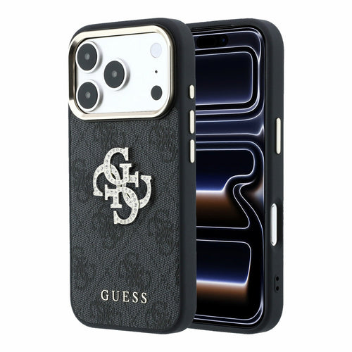 Husa spate Guess pentru Apple iPhone 18 Pro, PU 4G Strass Metal Logo, Neagra