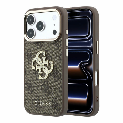Husa telefon pentru Apple iPhone 18 Pro / 17 Pro, GUESS PU 4G Strass Metal Logo, Maro