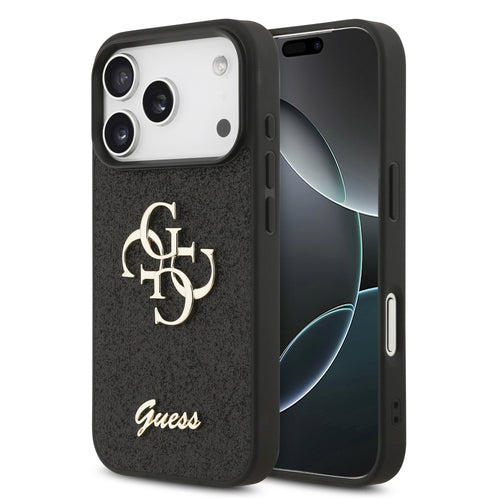 Husa telefon pentru Apple iPhone 18 Pro Max, GUESS PU Glitter 4G Metal Logo, Neagra