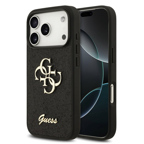 Husa spate GUESS pentru Apple iPhone 18 Pro, PU Glitter 4G Metal Logo, Neagra