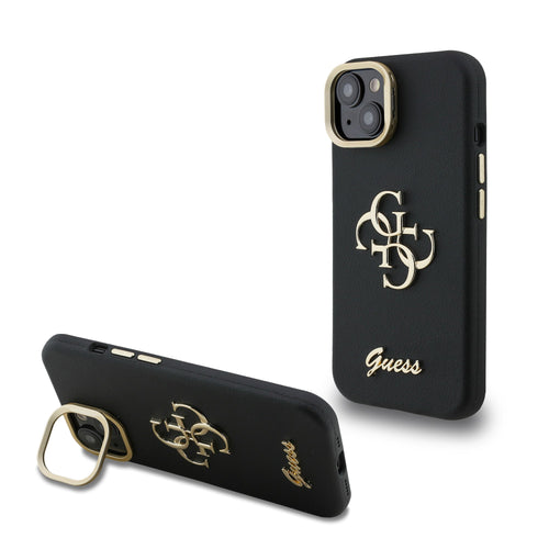 Husa spate GUESS pentru Apple iPhone 15, PU Grained 4G Logo Stand Camera Frame, Neagra