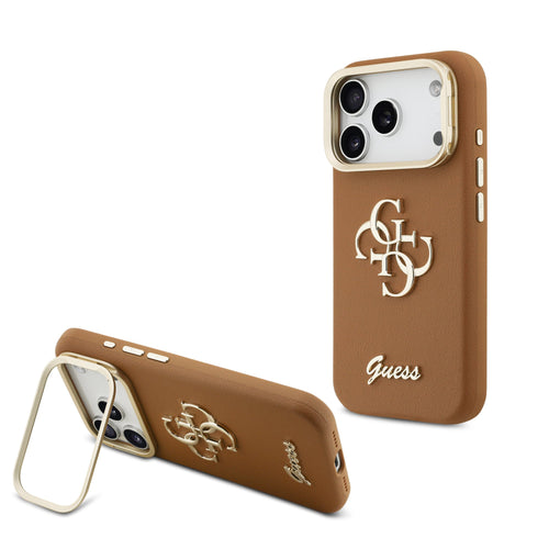 Husa telefon GUESS pentru Apple iPhone 17 Pro Max, PU Grained 4G Logo Stand Camera Frame, Maro