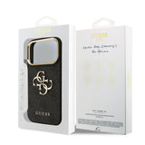 Husa spate din piele PU pentru Apple iPhone 18 Pro Max, GUESS, Logo metalic 4G, rama aurie, Neagra