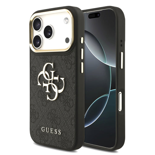 Husa telefon din piele PU pentru Apple iPhone 18 Pro, Guess, Logo Metalic 4G cu Rama Aurie, Neagra