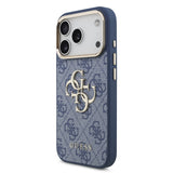 Husa spate pentru Apple iPhone 18 Pro, GUESS, PU Leather, Logo Metalic, Rama Aurie, Albastră