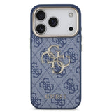 Husa spate pentru Apple iPhone 18 Pro, GUESS, PU Leather, Logo Metalic, Rama Aurie, Albastră