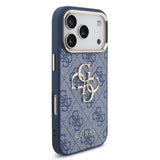 Husa spate pentru Apple iPhone 18 Pro, GUESS, PU Leather, Logo Metalic, Rama Aurie, Albastră