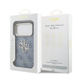Husa spate pentru Apple iPhone 18 Pro, GUESS, PU Leather, Logo Metalic, Rama Aurie, Albastră