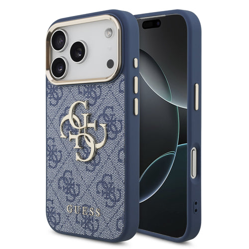 Husa spate din piele cu logo metalic auriu pentru Apple iPhone 18 Pro Max, Albastră