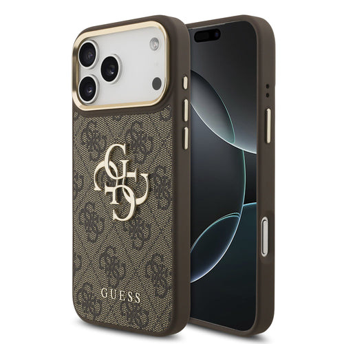 Husa spate Guess pentru Apple iPhone 18 Pro Max, PU Leather 4G Metal Logo Gold Frame, Maro