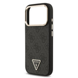 Husa telefon pentru Apple iPhone 18 Pro Max, Guess PU 4G Strass Triangle Logo Gold Frame MagSafe, Neagra
