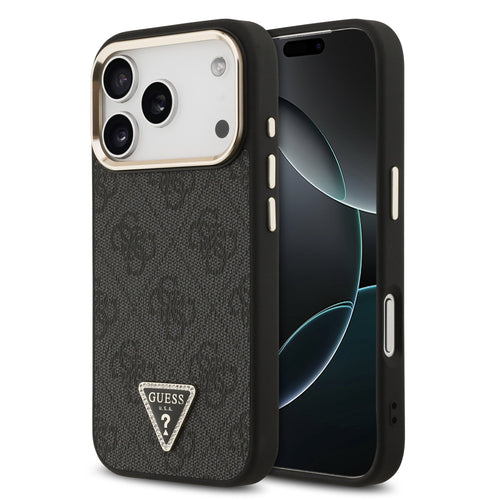 Husa telefon pentru Apple iPhone 18 Pro, GUESS PU 4G Strass Triangle Logo Gold Frame MagSafe, Neagra