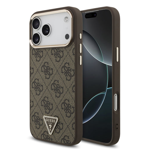 Husa spate Guess pentru Apple iPhone 18 Pro Max, PU 4G Strass Triangle Logo Gold Frame MagSafe, Maro