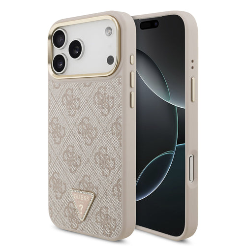 Husa telefon Guess pentru Apple iPhone 18 Pro, PU 4G Strass Triangle Logo Gold Frame, MagSafe, Roz