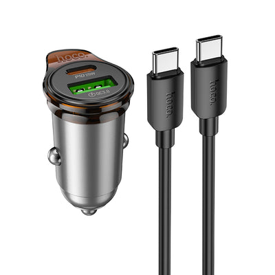 Incarcator auto HOCO NZ16A, 43W, USB-A + USB-C + Cablu Type-C, Gri metal