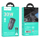 Incarcator auto HOCO Z57, 12V, 30W, USB-C + Cablu Type-C la Type-C inclus, Gri metal