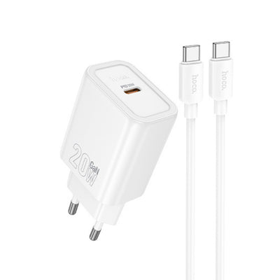 Incarcator HOCO N60 GaN 220V 20W USB-C cu Cablu Type-C la Type-C, Alb