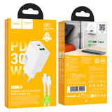 Incarcator Hoco N71 Nuevo GaN 30W USB-A + USB-C cu Cablu Type-C la Type-C inclus, Alb