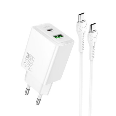 Incarcator Hoco N71 Nuevo GaN 30W USB-A + USB-C cu Cablu Type-C la Type-C inclus, Alb