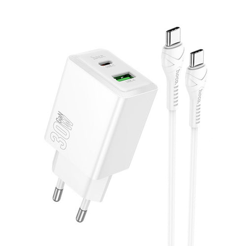 Incarcator Hoco N71 Nuevo GaN 30W USB-A + USB-C cu Cablu Type-C la Type-C inclus, Alb