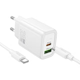 Incarcator Hoco N61 Gentle 20W GaN USB-A + USB-C cu Cablu Type-C la Type-C inclus, Alb