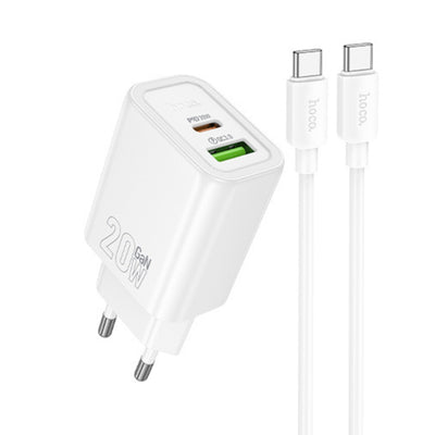 Incarcator Hoco N61 Gentle 20W GaN USB-A + USB-C cu Cablu Type-C la Type-C inclus, Alb